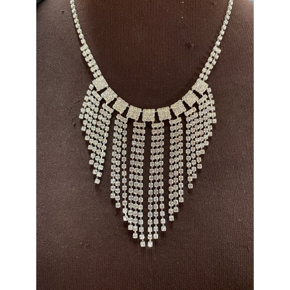 vintage 1990s rhinestone bib necklace graduated crystal 90s jewelry art deco sty